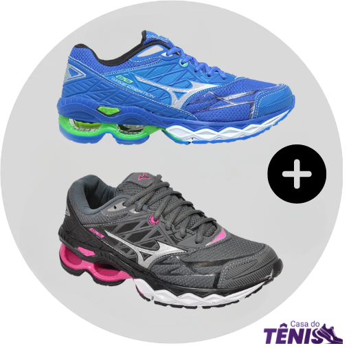 Compre 1 leve 2 Tênis Mizuno Wave 20 Pro Masc + Fem